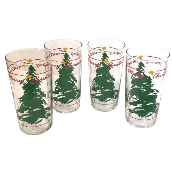 Christmas Tree Glass Set 4 - 12 oz Tumblers Vintage 1990 Abbey Press 5.25" - Picture 1 of 5